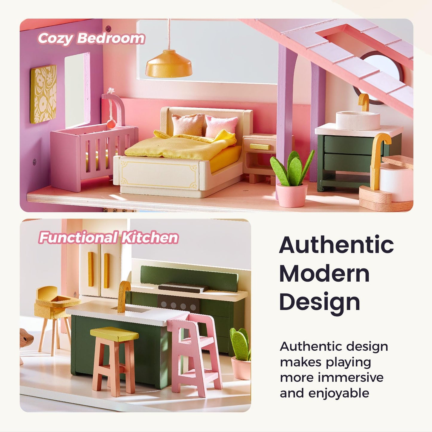 Tiny Land Wooden Doll House, Modern Family Dollhouse with Realistic Design, 7 Rooms Dollhouse with 49 PCS Accessories, Montessori Pretend Play Toddler Toy, Ideal Gift for Kids Ages 3+, Pink
