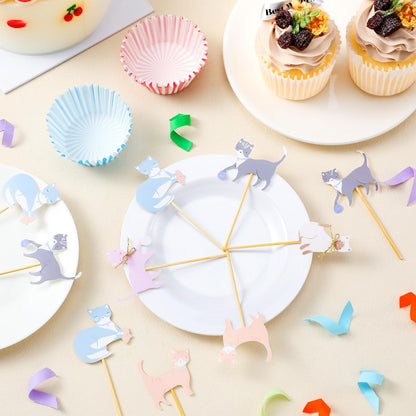 Vesici 48 Pcs Cute Kitten Cupcake Kit Include 24 Cat Cupcake Toppers and 24 Blue Pink Cake Liners Kitten Pet Themed Party Supplies for Birthday Pet Adoption Party Decorations