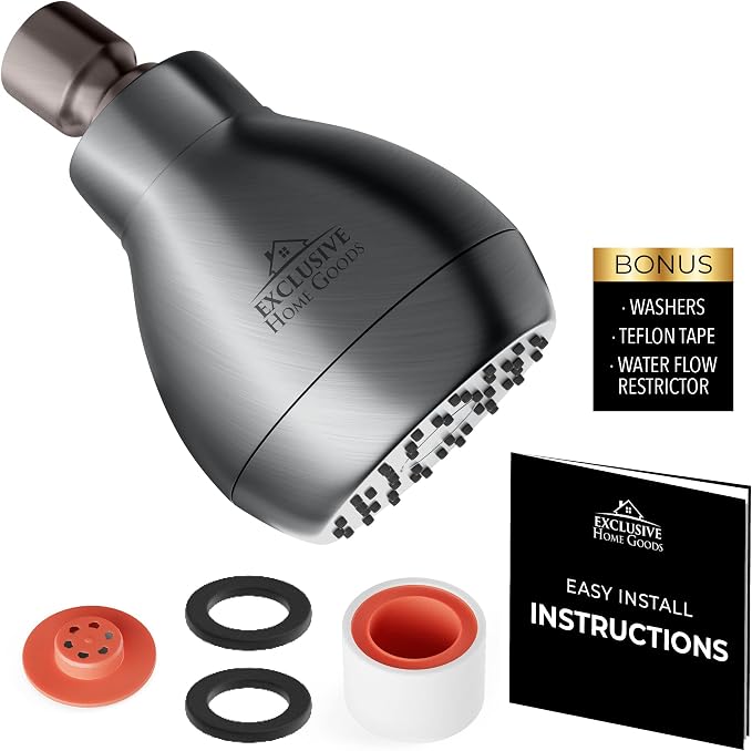 High Pressure Shower Head - Powerful Deluxe Bathroom Showerhead with Strong Spray Stream and Small Silicone Nozzles - Universal Fit Works with High and Low Water Flow Showers Matte Charcoal -1.8 GPM