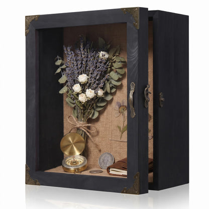 KAASTHAA Shadow Box Frame 11x13, Depth 5in Shadow Boxes Display Cases, Acrylic Door, Rustic Burnt Wood, Vintage Metal Accents, Hinged Door, Metal Handle and Latch, Linen Back