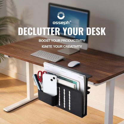 osseph Desk Side Storage Organizer, Under Desk Laptop Holder with Magnetic Pen Holder, No Drill Hanging Desk Caddy for Office & Home, Clamp On Desk Shelf for Tablet, Files, Accessories (Black)