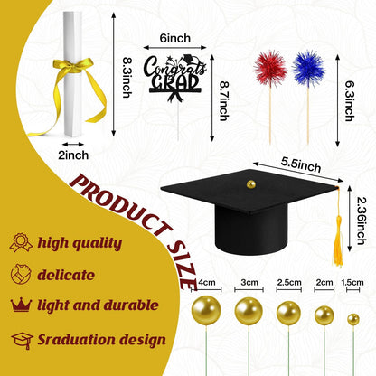 32PCS Graduation Cake Decorations Kit for Class of 2026 Includes Felt Tassel Caps, Firework Cupcake Toppers, Diploma and Balls, Black Theme Party Supplies for High School,College Celebrations (Black)