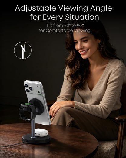 3 in 1 Magnetic Wireless Charging Station, 15W Fast Charger Stand for iPhone, Phone Charger Stand for Desk Nightstand, for iPhone 17/16/15/14/13/12, Apple Watch & AirPods, 18W Adapter Included -Black