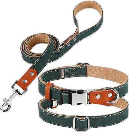 Dog Collar and Leash Set, PU Leather Dog Collar – Adjustable Eco-Friendly with Genuine Leather & Hemp, Soft Breathable Dog Collar Set for Small to Large Dogs (Green, M（12“-19”）)