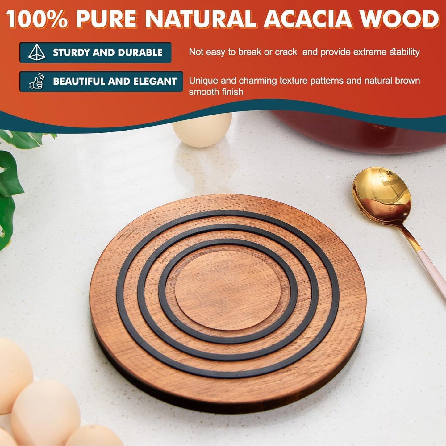 Magnetic Wooden Trivet, 8″, Acacia Walnut Wood, Compatible with le creuset Cast Iron Dutch Ovens, Scalloped Magnetic Trivet Wood, Kitchen Magnetic Pot Holder Five-Years Free Replacement