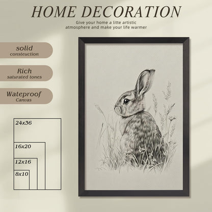 Wild Rabbit Wall Art, 12X16 Inch Black Framed Nature Wildlife Art Poster, Black And White Animal Canvas Print, Farmhouse Wall Decor For Living Room Bedroom Office Ready To Hang