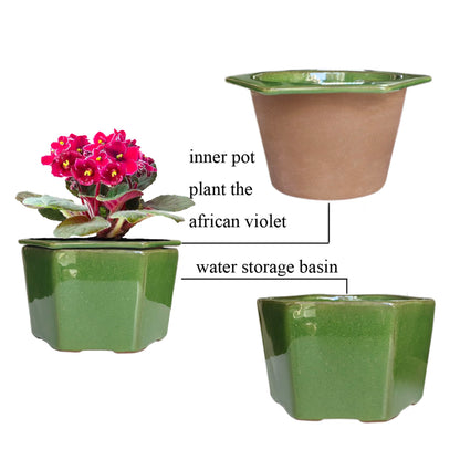 Dphagesy African Violet Pots 6 inch Hexagon Self-Watering Ceramic Pots 4.50'' Opening(Green)