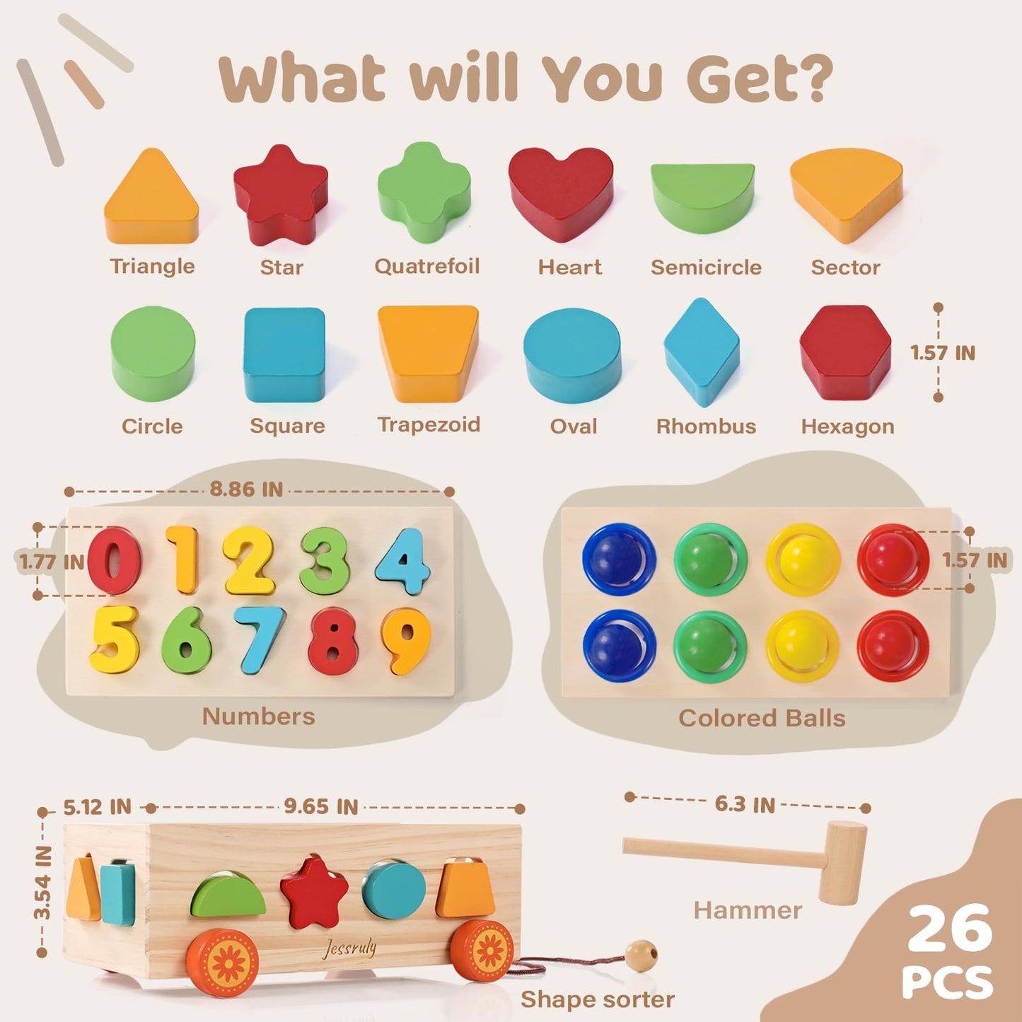 Jessruly Shape Sorter - Wooden Pound A Ball and Montessori Number Puzzle Set for Babies - Educational Sorting Game with Storage Car for Toddlers