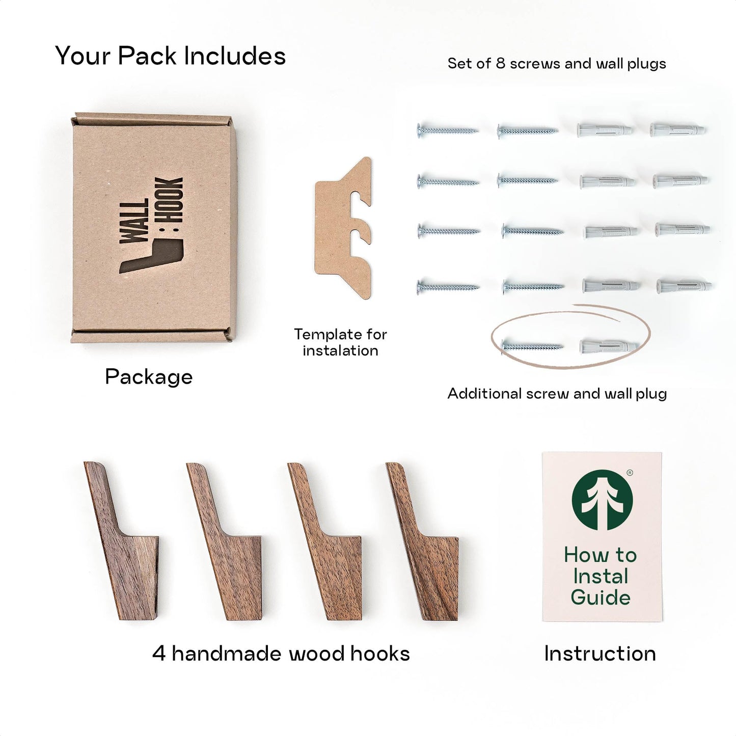 Wall Hooks - Set of 4 - Dark Walnut or Light Ash Wood Coat Hooks for Hanging Hat, Purse, Backpack, Bag, Jacket. Modern Farmhouse Decor for Wall and Practical Entryway Hooks (Walnut Wood)