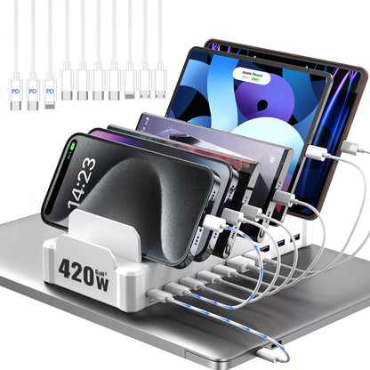 420W Charging Station for Multiple Devices, Zobirez 10-Port USB C Fast Charger Stations for MacBook, iPhone, Android Cell Phone, iPad, Tablet, Family Multi-Device Organizer Charging Dock, White