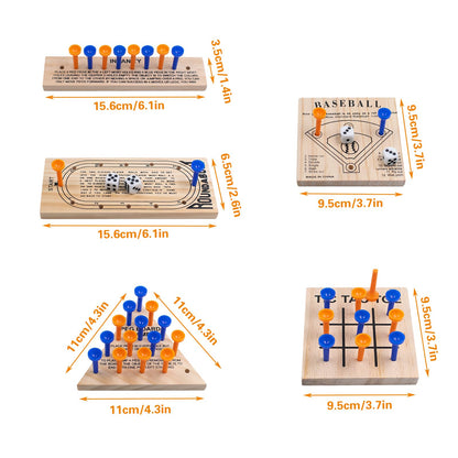 Wooden Peg Games Assortment Kit, 5 PCS Fun Brain Strategy Toy for Teens and Adults, Including Baseball, Tic-Tac-Toe, Insanity, Peg-Board-Game, Roundabout