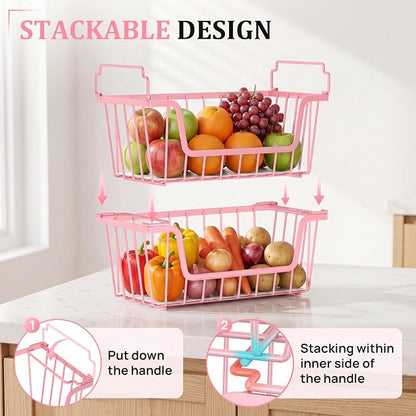 SUNALLY Stackable Storage Bins 4 Pcs Wire Baskets for Pantry Organizers and Storage, Vegetable Fruit Storage Basket for Countertop Organizer,Kitchen Baskets for Onion Potato Snack Cans Storage,Pink