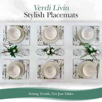 Verdi Livin Cork Placemats Set of 6 Matching Coasters I Heat Resistant Place Mats for Dining Table 16" x 12", Cork Backed, Wipeable White Lily Design