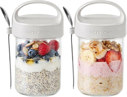 2Pack Overnight Oats Containers with Lids and Handle,14 oz Airtight Oatmeal Container,Mason Jars with Lid for Cereal,Milk,Fruit,Yogurt,On The Go Container,Salad Jars,Glass Jars (Grey)