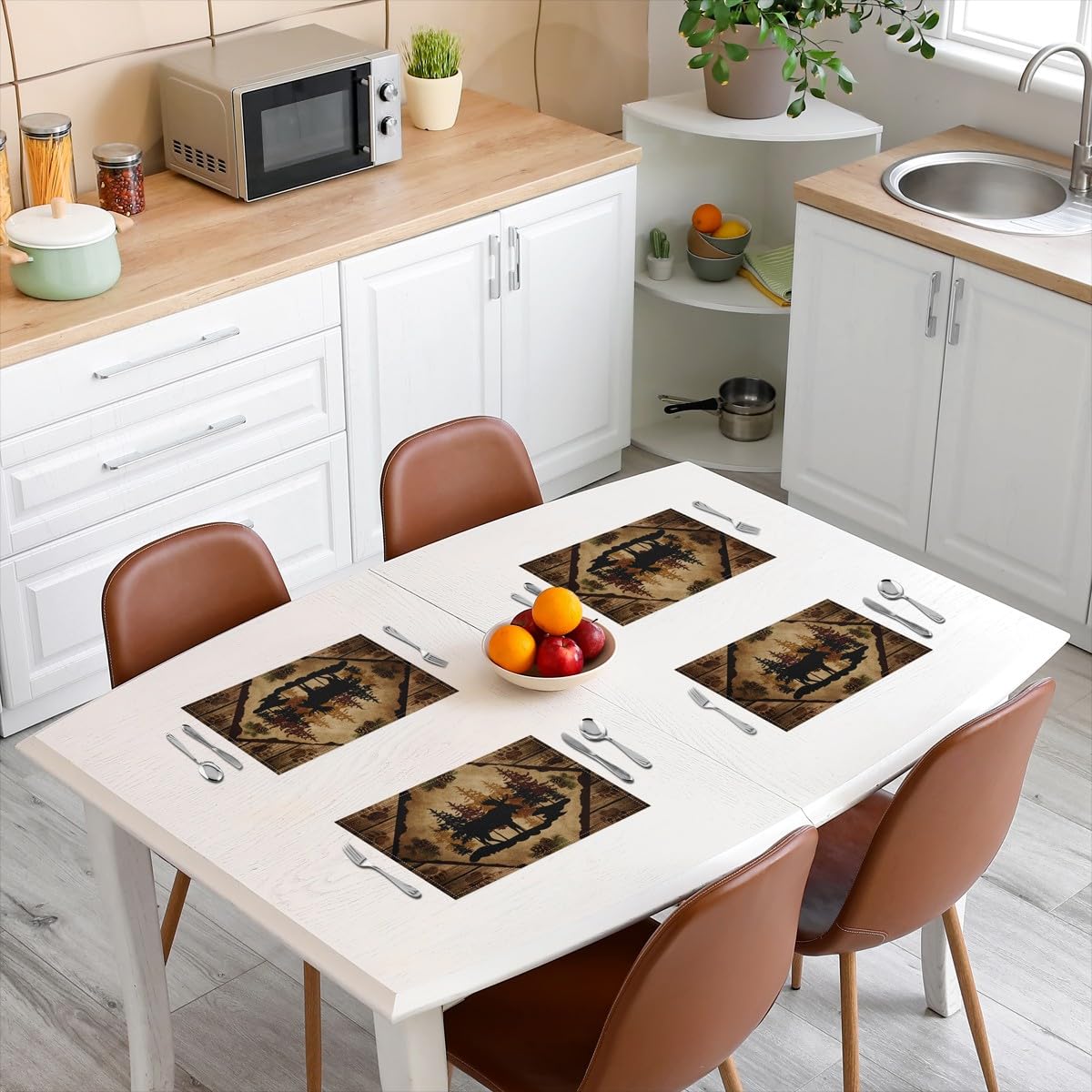Moose Cabin Place Mats Retro Brown Wooden Stripes Farmhouse Table Mats for Kids Teens Adults Pine Cones Trees Wild Animal Paw Print Kitchen Mats for Dining Table 12x18 Inch Set of 4