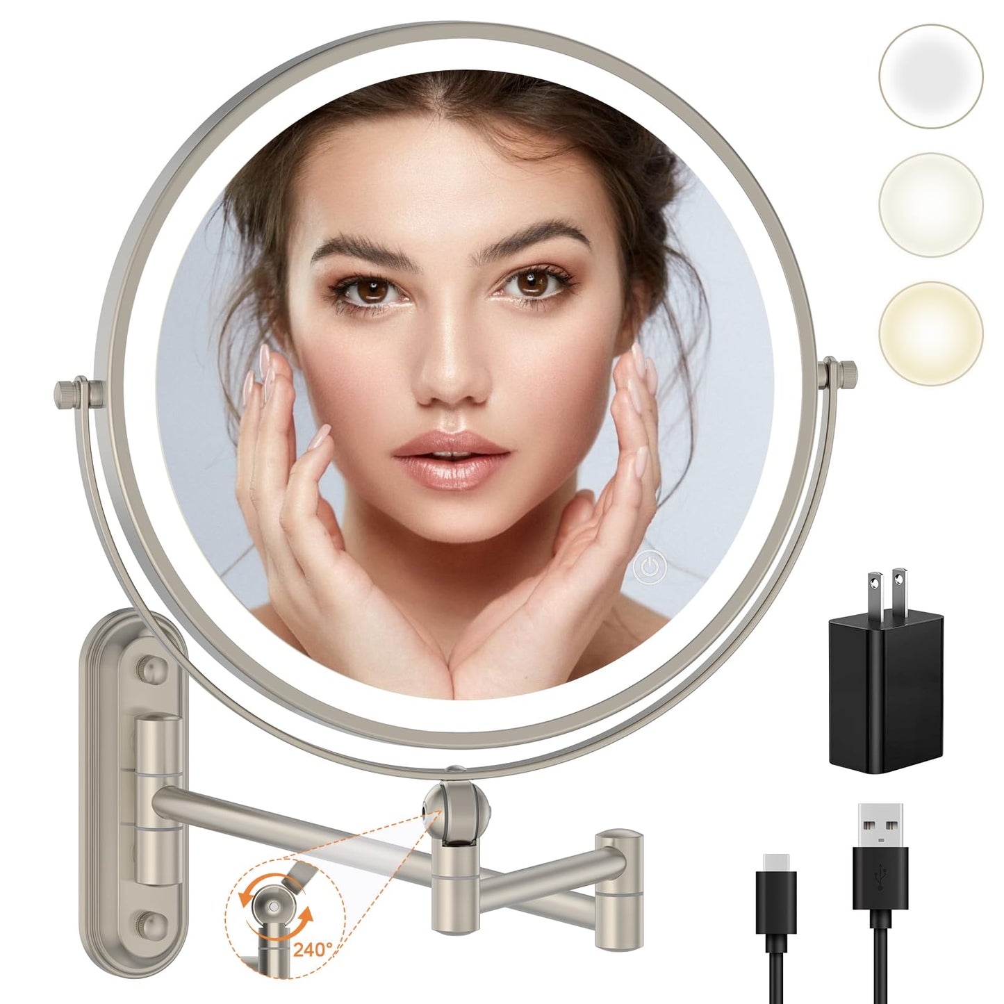 9" Wall Mounted Makeup Lighted Mirror, 4000mAh Rechargeable Double Sided LED Vanity Mirror with Height Adjustable&1X/10X Magnification, 3 Color Lights Touch Screen Dimmable 360°Swivel Bathroom Mirror