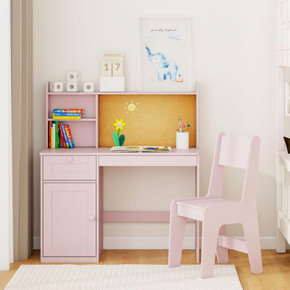 FTZxHKLX Kids Study Desk with Chair, Children Study Table and Chairs for 5-12 Years Old, Wooden Kids Desk and Chair Set with Hutch and Storage Cabinet for Bedroom, Study Room, Pink