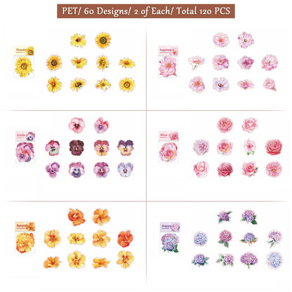 RISYPISY 120PCS Large Flower Stickers, Waterproof Transparent Sticker | Floral Decals for Scrapbooking, Water Bottle, Laptop, Junk Journal, Bullet Journals, Planners