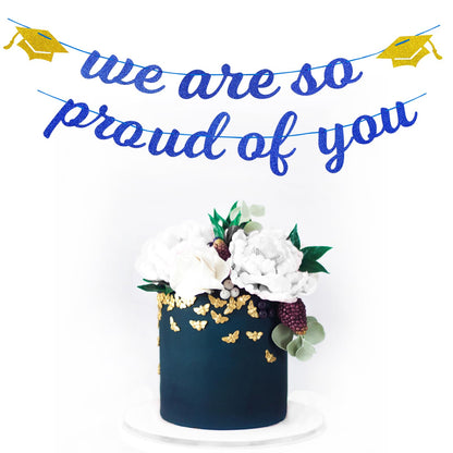 Navy-Blue White-Gold Party-Decoration Graduation Banner - 8pcs Kits Cap Garland Streamers, Paper Tissue Pom Poms Flowers,We are So Proud of You Grad Graduation 2026 Decor Lasting Surprise