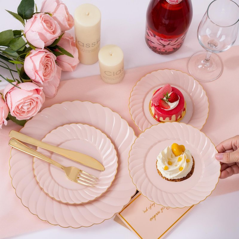 YOUBET 100 Pack Pink Scalloped Plastic Plates - 6.5 Inch Pink Disposable Plates - High End Elegant Vintage Dessert Plate for Party & Weeding & Birthday