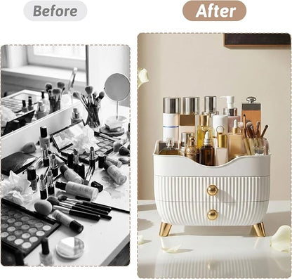 Makeup Organizer Countertop, Large Capacity Skincare Cosmetic Organizer for Vanity with 2 Drawers, Cosmetic Display Cases Makeup Storage Box for Bedroom, Bathroom, Ideal Gifts for Women(White)