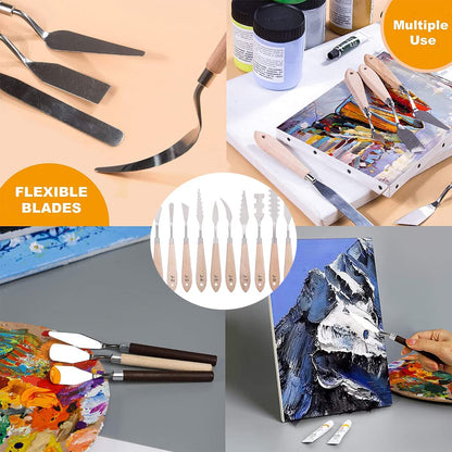 Paint Knife Set - 10pcs Stainless Steel Spatula Palette Knife Painting Tools Metal Knives Wood Handle with Different Shapes and Sizes for Oil Painting, Acrylic Mixing