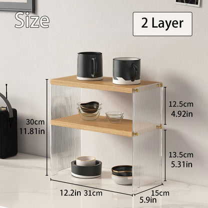 Coffee Station Acrylic Organizer - Wooden Desktop Storage Shelf for Office, Kitchen & Living Room, Multi-Layer Coffee Cup Holder & Condiment Rack, Acrylic Display Shelf for Mugs, Books (2 Tier)
