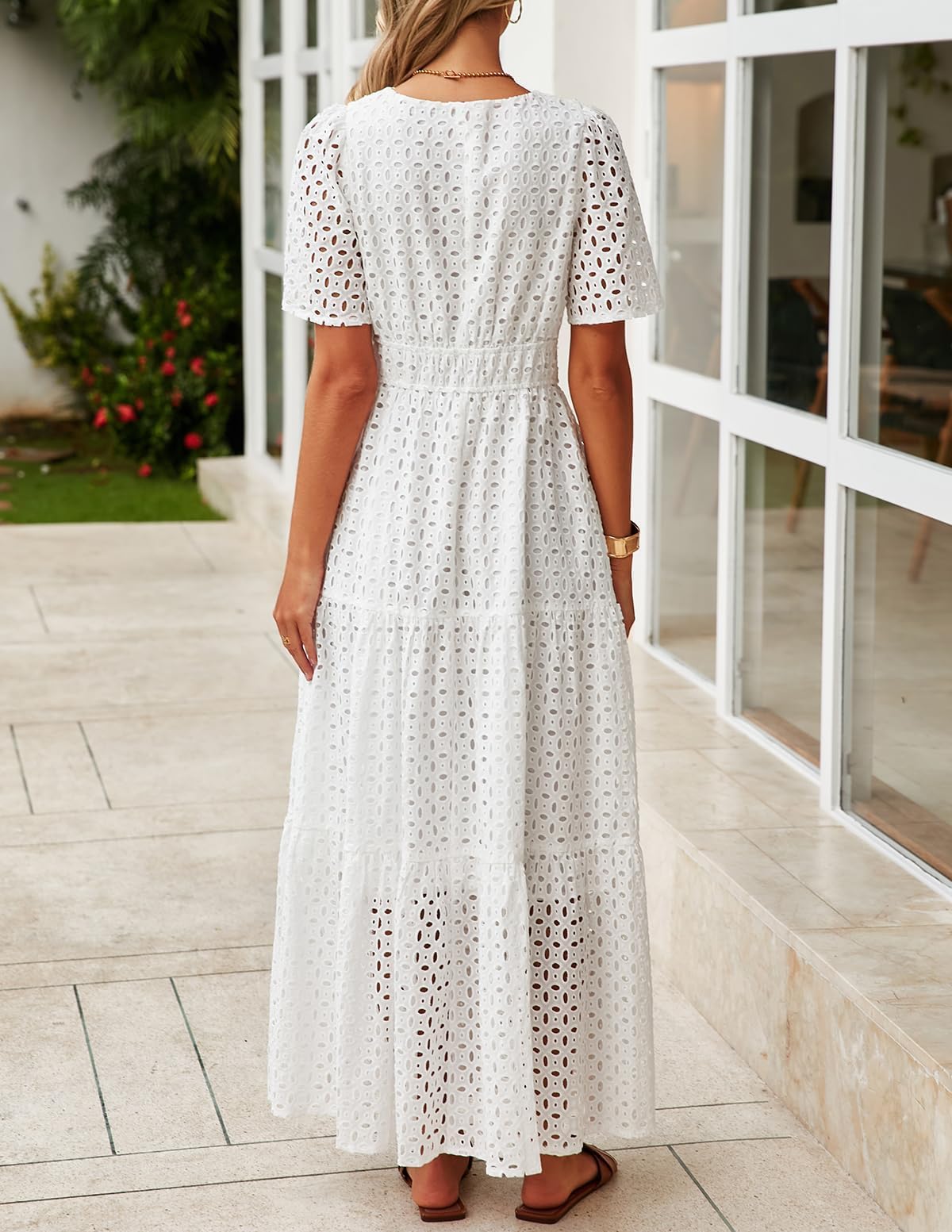 ZESICA Women's 2025 Summer Short Sleeve Maxi Dress Casual V Neck Hollow Out Eyelet Ruffle Swing A Line Long Dresses,White,Small
