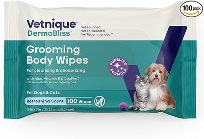 Vetnique DermaBliss Pet Wipes for Dogs & Cats for Grooming, Cleansing & Deodorizing, Thick Dog Wipes for Convenient Dog Cleaning and Natural Pet Odor Eliminator, 100ct (Refreshing Scent)