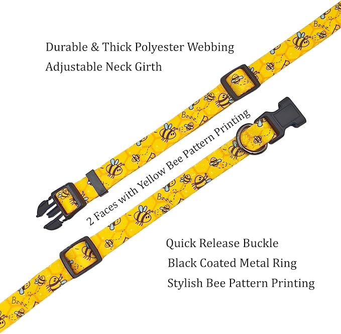 Dog Collar Leash Set, Busy Bee Pattern, 5ft Matching Leash, Polyester Material, 4 for Small Medium Large Dogs.(XS, Bee)