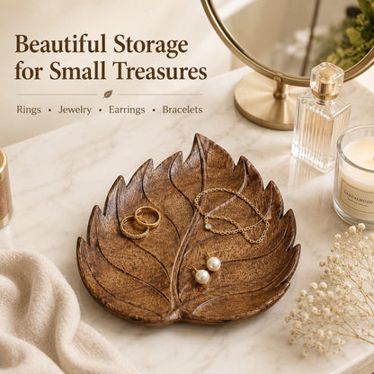 Wooden Leaf Tray, Leaf Shaped Trinket Dish for Keys, Jewelry, Crystals, Candles, Rustic Decorative Tray for Entryway, Nightstand, Vanity, Coffee Table, Fall Home Decor