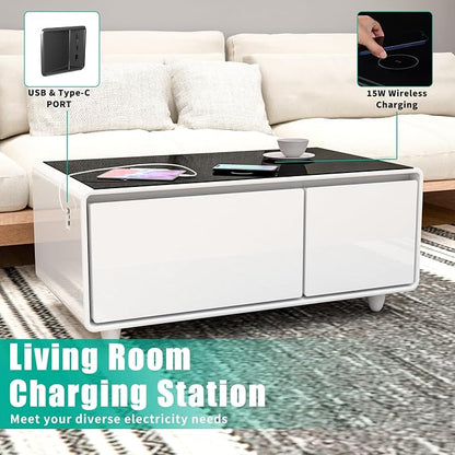 Smart Coffee Table with Fridge and Bluetooth Speakers, Smart Refrigerator Table with 15W Wireless Charger, Touch Control Panel, USB Port, Atmosphere Light and More, LT90 Pro-White