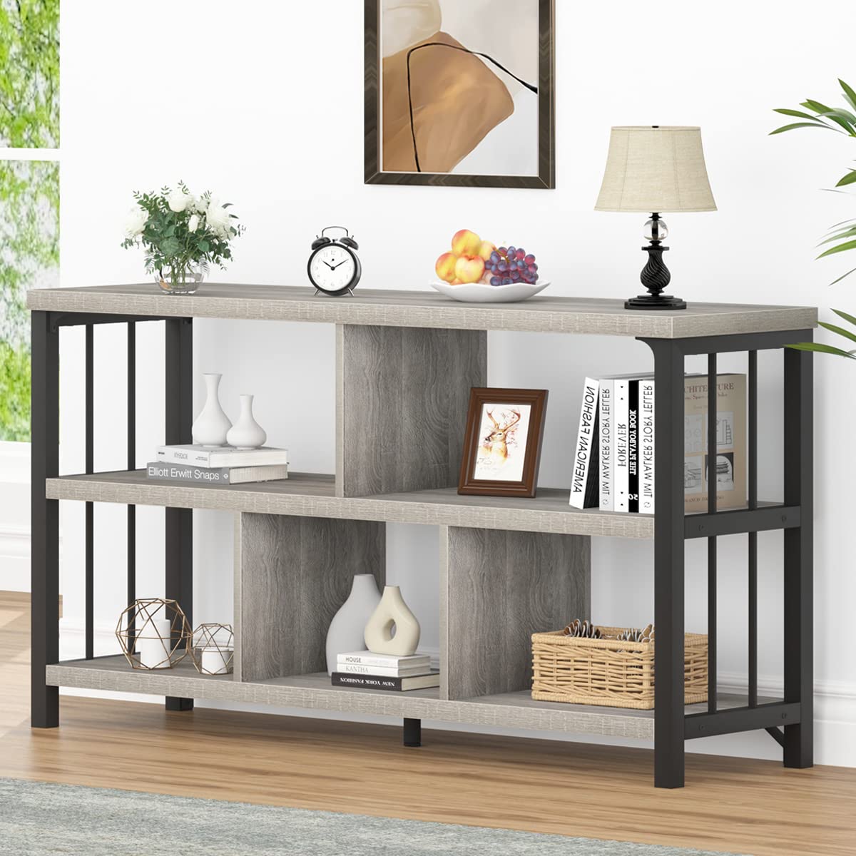 IBF Industrial Horizontal Bookshelf, Modern 5 Cube Storage Organizer Open Shelf, Low Wide Cubby Bookcase for Home Office Living, Wooden Metal Short Book Shelf Bedroom Storage, Light Grey Oak, 47 Inch