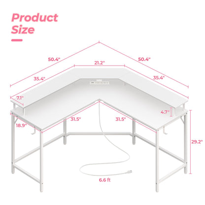 Huuger L Shaped Gaming Desk with Power Outlets & LED Lights, Computer Desk with Monitor Shelves, Carbon Fiber Surface, Home Office Desk, Corner Gaming Desk with Hooks, Carbon Fiber White