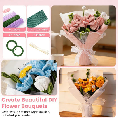 Pipe Cleaners Craft, 500 PCS Pipe Cleaner Flower Kit with 5 Colors Chenille Stems, Floral Wires, Ribbon, Gardening Tape & Stamen for DIY Bouquets, Arts and Crafts Supplies