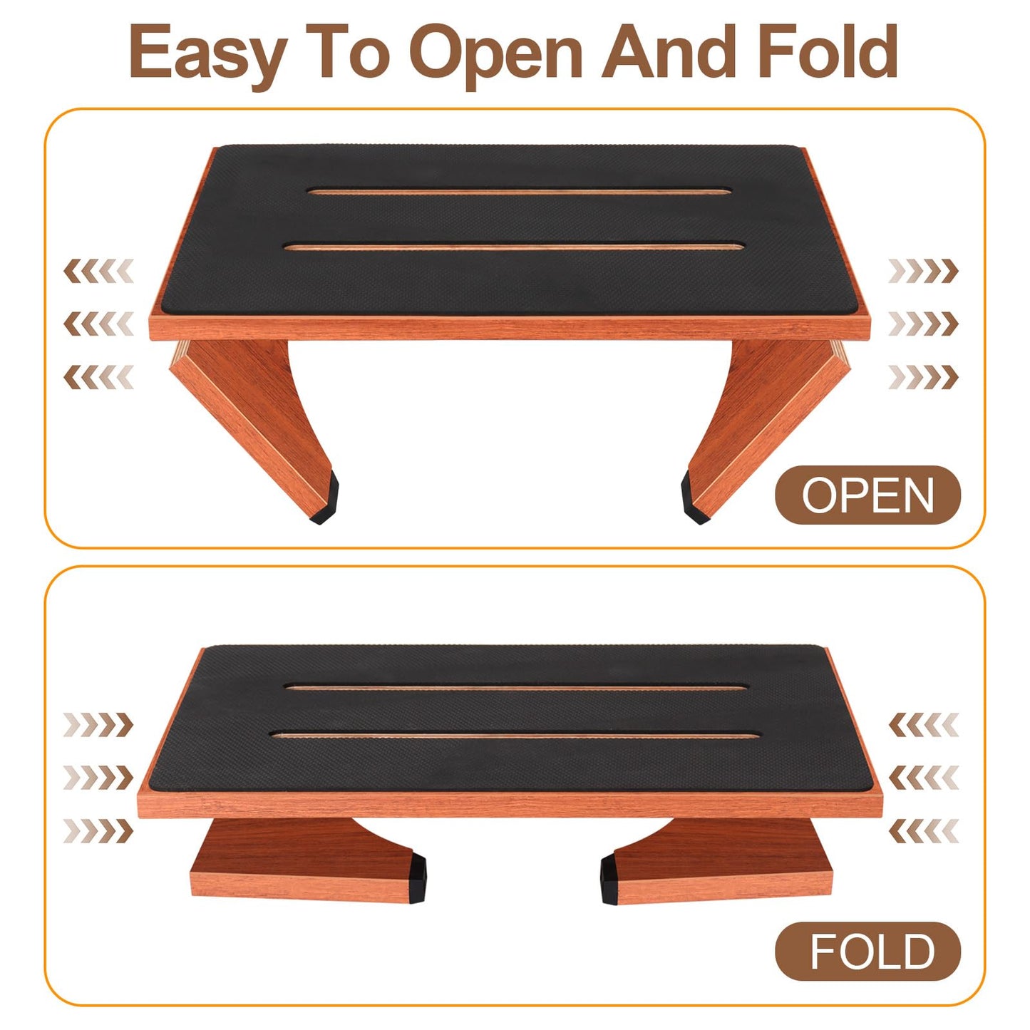 Step Stool Foldable, Wooden Step Stool with Non-Slip Rubber Stepping Platform, Folding Step Stools for Adults Seniors in Bedroom, Kitchen Bathroom, RV, Bed Steps for High Beds, No Assemble (Brown)