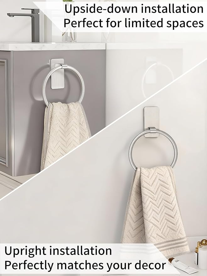 STWWO Brushed Nickel Towel Ring, Hand Towel Holder for Bathroom, Self Adhesive Hand Towel Rings for Bath, Kitchen, RV, No Drill Hole