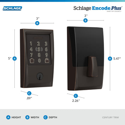 Schlage BE499WB CEN 716 Encode Plus WiFi Deadbolt Smart Lock, Keyless Entry Touchscreen Door Lock with Century Trim, Aged Bronze
