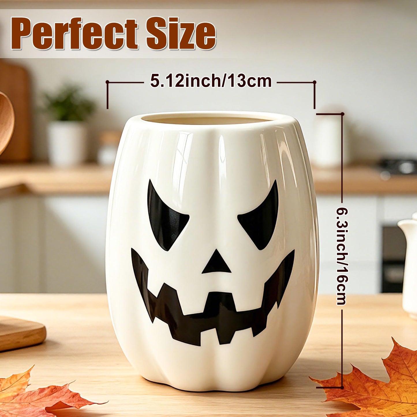 pinata Halloween Kitchen Decor Ceramic White Pumpkin Utensil Holder, Cute Halloween Utensils Holder, Ceramic Utensils Crock for Rustic Farmhouse Indoor Kitchen Decorations(6.3 Inches)