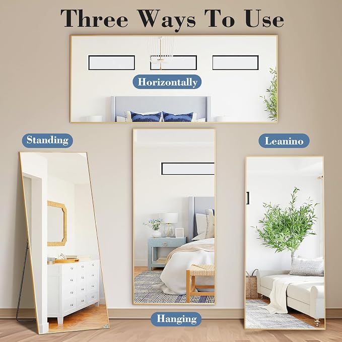 NEWBULIG Mirror Full Length, 68"x26" Body Wall Mirrors with Shatter-Proof Glass, Upgraded Floor Standing Mirror, Hanging or Leaning, with Stand Aluminum Alloy Frame for Home Decor, Bedroom, Gold