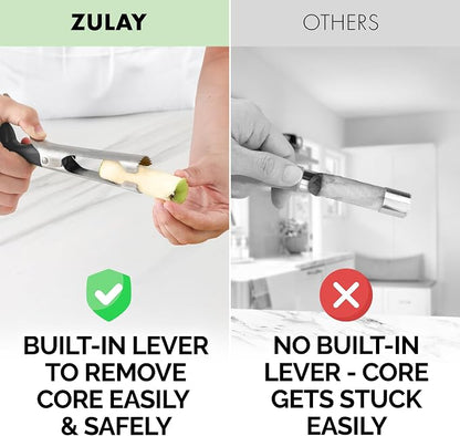 Zulay Kitchen Ultra Sharp Apple Corer Tool - Stainless Steel, Sharp & Serrated Blade Cores in Seconds - Easy to Use & Clean, Durable Apple Core Remover for Apples & Small Fruits - Gray
