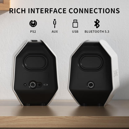 IBALL·BOX Computer Speakers for Desktop PC, Gaming PC Speakers for Desktop – USB-C, Bluetooth 5.3, 3.5mm AUX, AC Powered External Audio with Rich Stereo bass, Laptop/Mac, RGB Lights, White, 30W