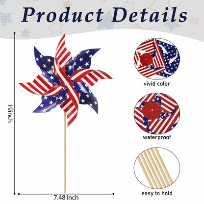 HOOSUN 4th of July Decorations,12Pcs American Flag Patriotic Pinwheels for Yard and Garden,Fourth of July Pinwheels Patriotic Memorial Day Decorations,Garden Wind Spinners,Pinwheel for Kids,Lawn,Patio