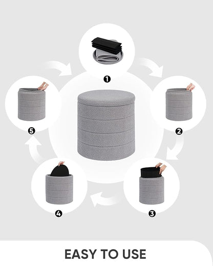 B FSOBEIIALEO Ottoman with Stroage, Round Sherpa Storage Ottoman Stool, Boucle Foot Rest 16.9"x16.9"x17.7"（Grey