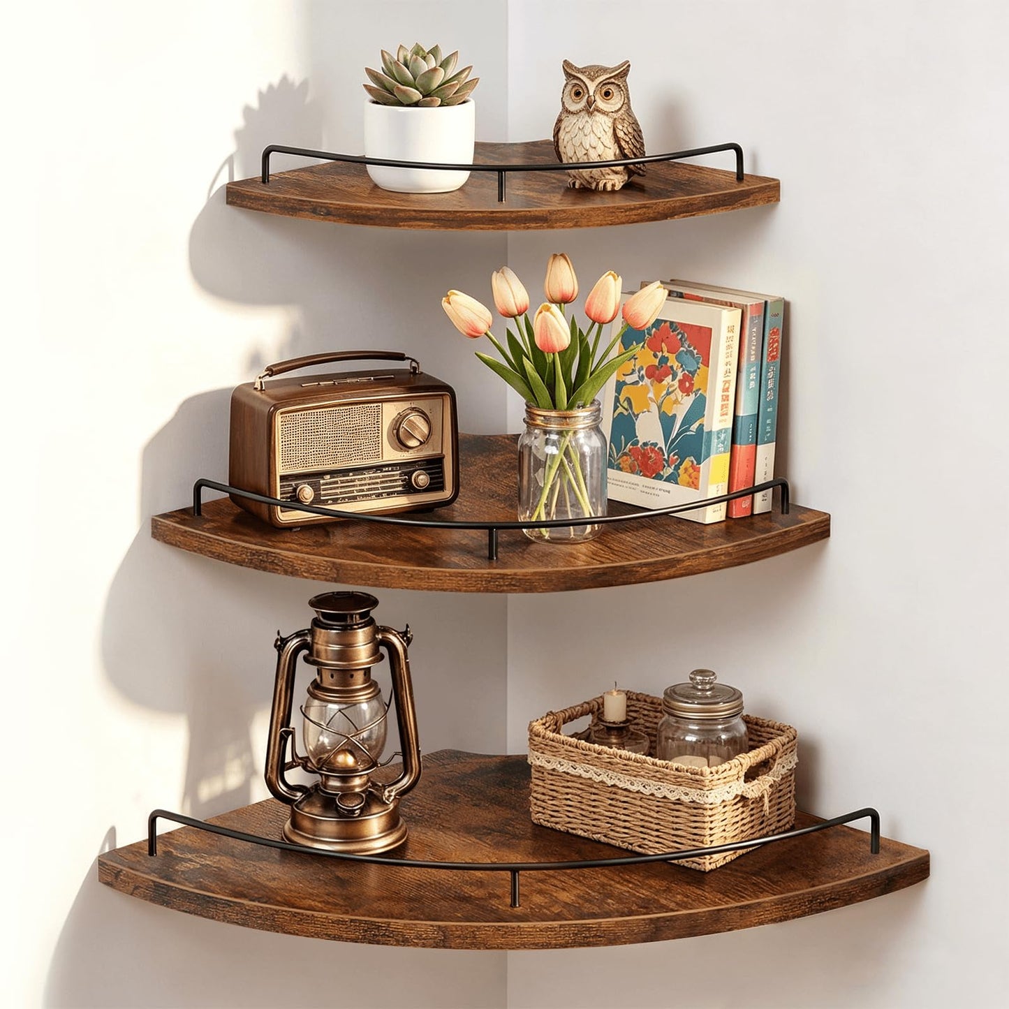 Homode Corner Shelf Wall Mounted Set of 3, Corner Floating Shelves 9/10/12 Inch Deep, Wood Round Corner Hanging Display Shelf with Guardrail for Bathroom Bedroom Kitchen Living Room, Rustic Brown