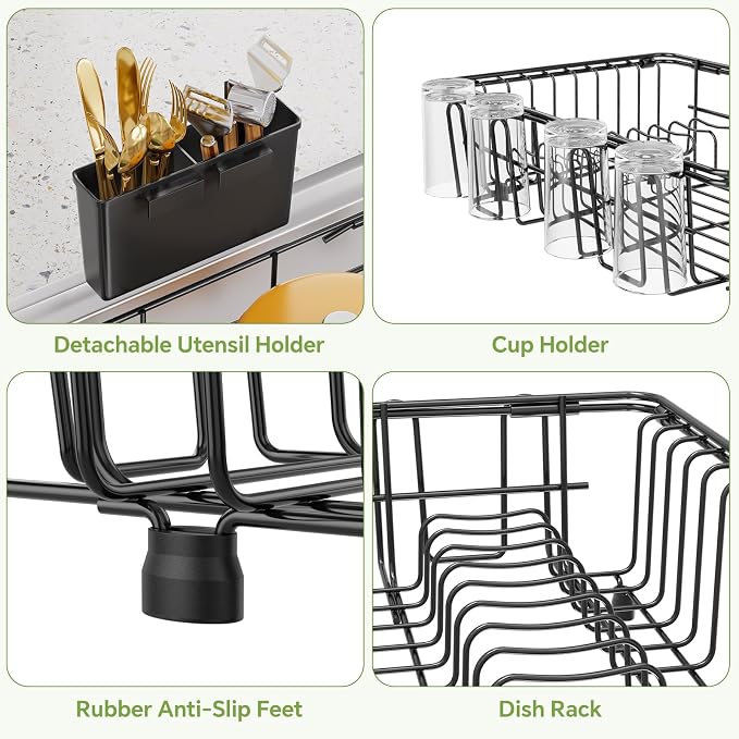 Simple Trending Expandable Dish Drying Rack in Sink, Adjustable Dish Drainers for Kitchen Counter, Inside Sink, Over the Sink with Utensil Holder, Black