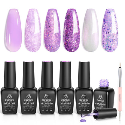 Beetles Cat Eye Gel Nail Polish Set, 6 Summer Colors Pastel Shimmer Glitter Gel Polish Kit Soak Off LED UV Curing Requires Pink Red Blue Orange Green Purple Velvet Gel with Magnet Gift for Women