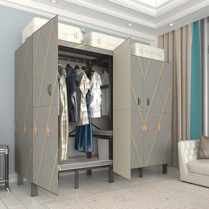 Foldable Portable Wardrobe Closet with Magnetic Doors & Cover, Heavy Duty Covered Clothes Rack with Hanging Clothing Rod, Metal Frame Standing Alone Closet for Bedroom (Door Design D, 49.2IN/125CM)