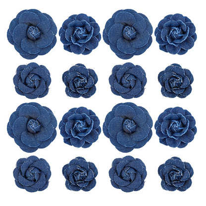 SUPERFINDINGS 16Pcs 4 Styles Marine Blue Denim Cloth Flowers Fabric Camelia Canvas Fabric Flower Flower Shaped Sewn Accessories for Clothes Decoration Jacket Skirt Coat Trim Brooch Crafts DIY