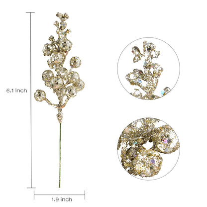 DearHouse 14 Pack Christmas Glitter Berries Stems, 7.7 Inch Champagne Artificial Christmas Picks for Christmas Tree Ornaments, DIY Xmas Wreath, Crafts, Holiday and Home Decor